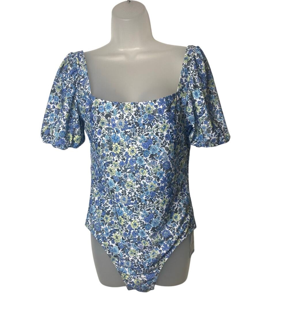 Marina West Blue Yellow Green Floral Puff Sleeve One-Piece Swimsuit Size Large